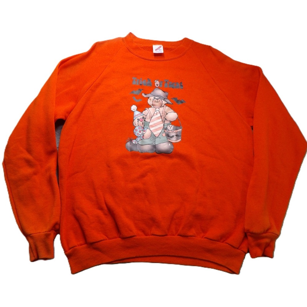 VTG 90s Jerzees Trick Or Treat Halloween Sweatshirt Orange Bear XL Made In USA